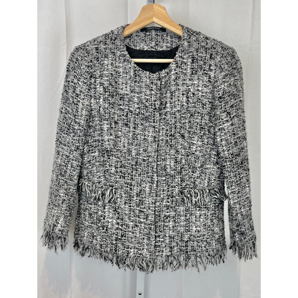 TAGLIATORE 0205 Italy Milly Fring Shimmer Tweed Blazer Jacket Gray Black White M